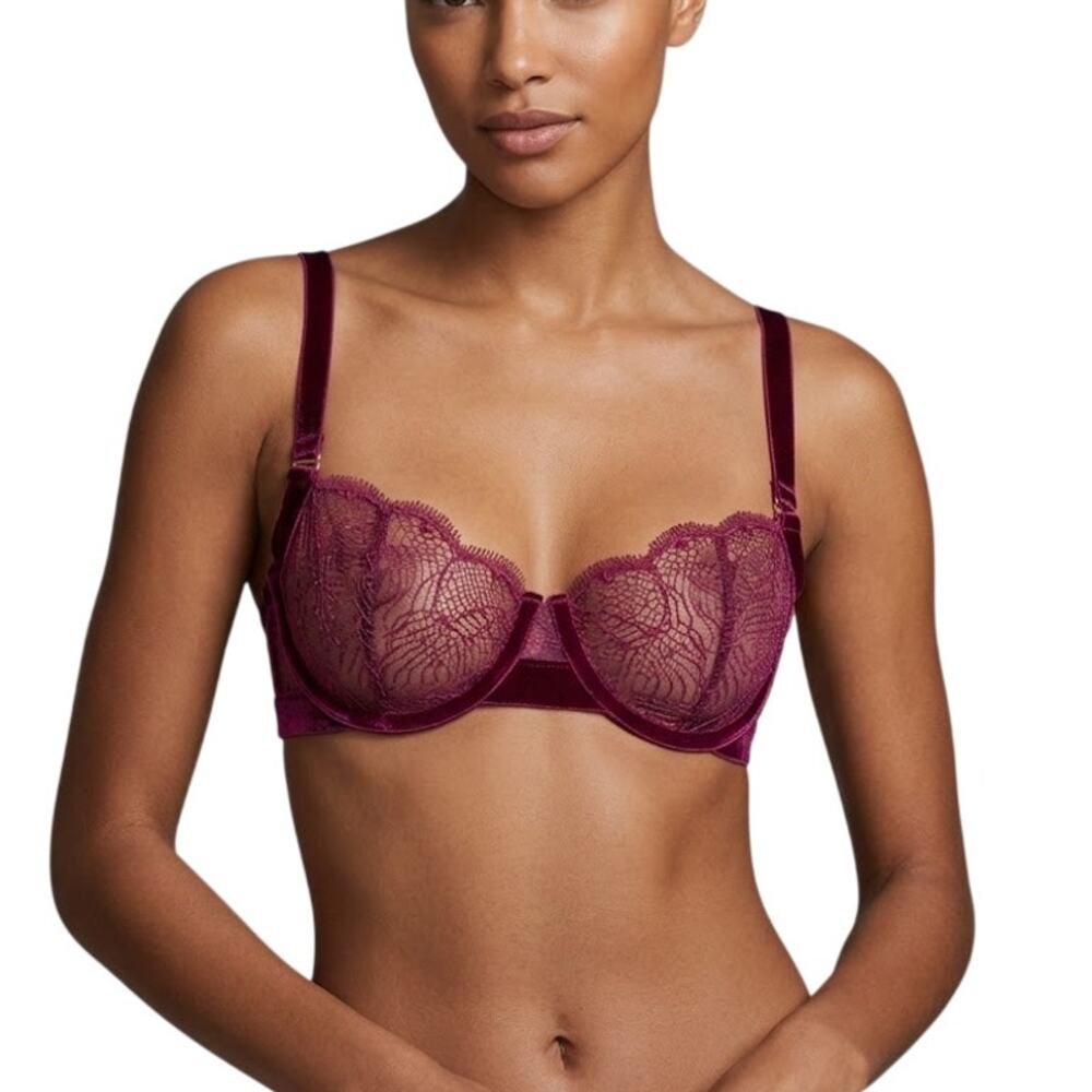 The Underargument No 13 Demi Bra Burgundy Mesh Velvet Strap Women 32B NWT